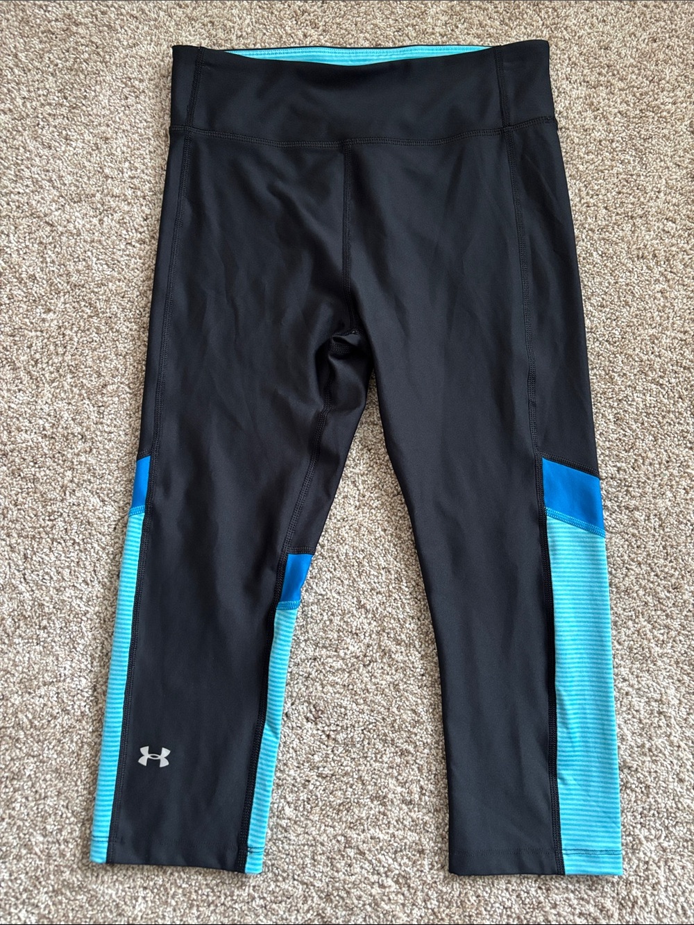 Under Armour Black Capri Leggings with Bright Blue Panels